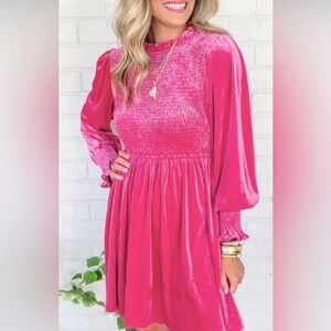 Velvet Crush Hottie Long Sleeve Dress in Hot Pink
